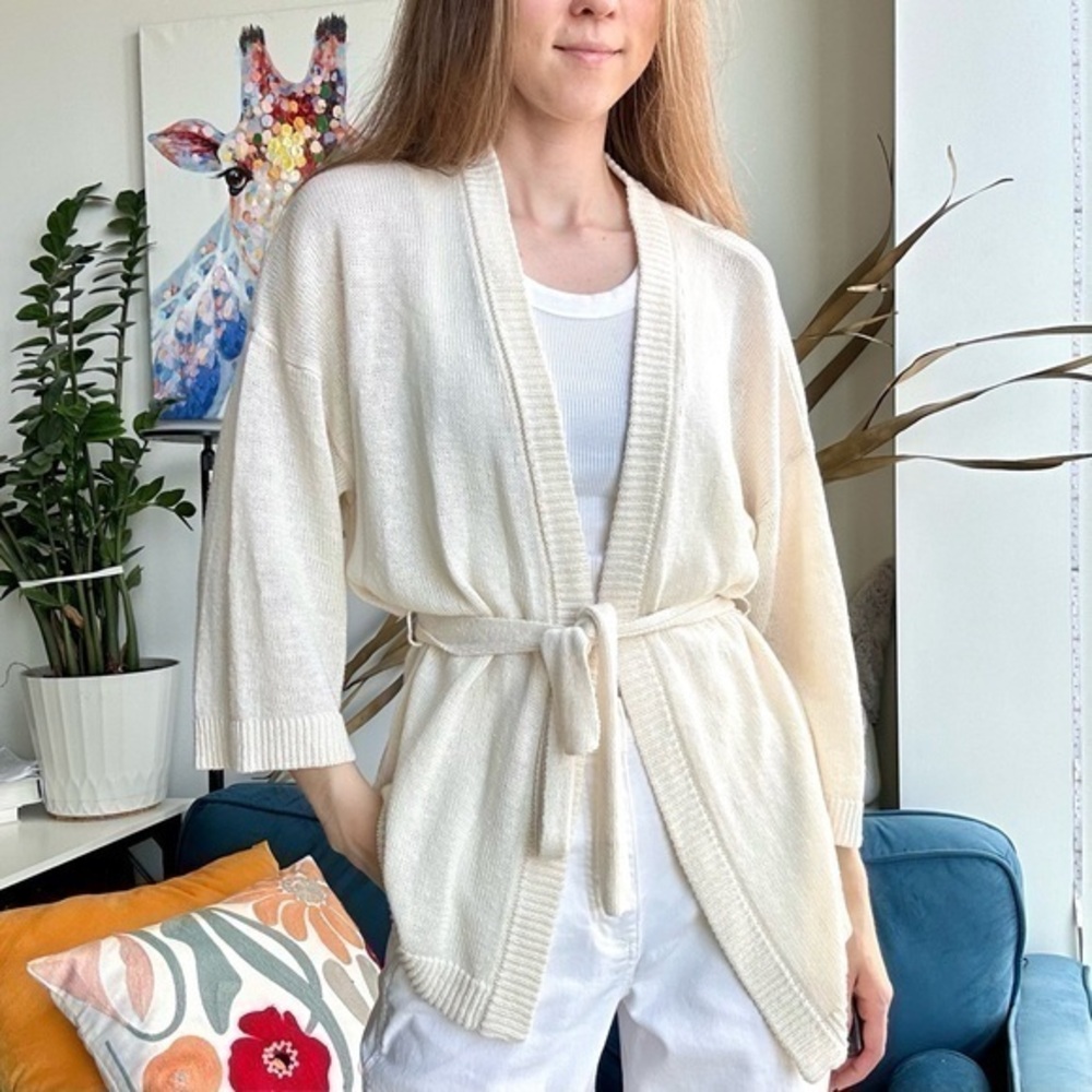 Part Two Linen Knit Beige 3/4 Sleeve Belted Middle Cardigan M